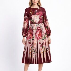 TED BAKER London Burgundy Floral Pleated Midi Dress Open Back|Long Sleeve|Size 0